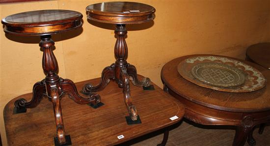 Pair of circular mahogany  tripod side tables & 2 brass trays